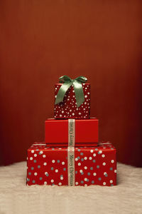 Close-up of christmas presents on table