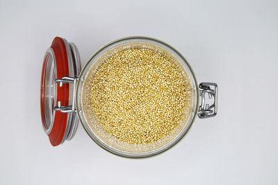 High angle view of drink in jar on table