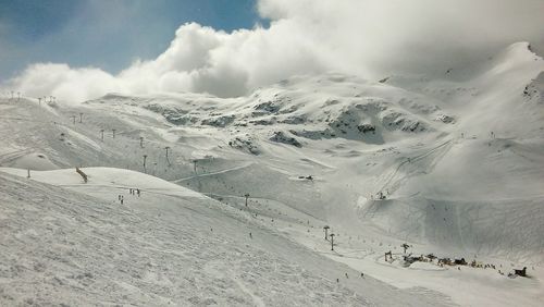 Scenic view of snow covered mountains against sky