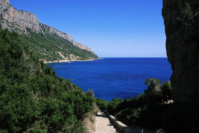 Scenic view of sea against clear blue sky