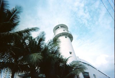 Low angle view of palm trees and building against sky