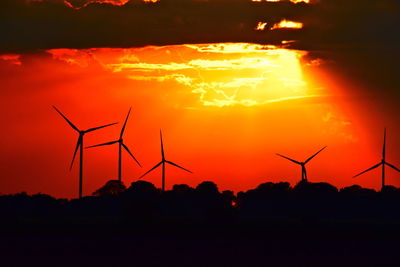 Silhouette of wind turbines at sunset