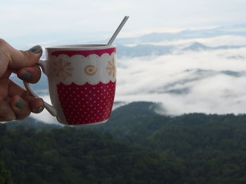Midsection of person holding ice cream against mountains
