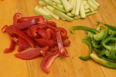 High angle view of chopped vegetables on cutting board