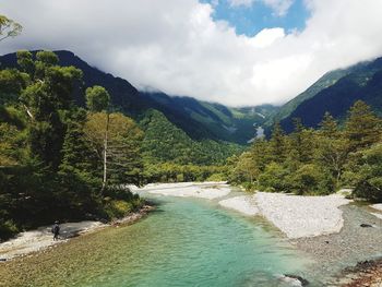 Scenic view of river amidst trees against sky