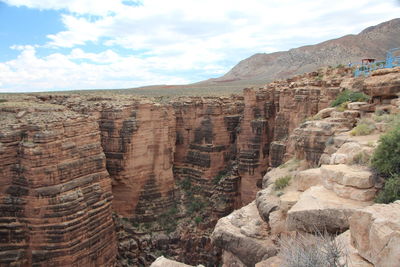 Scenic view of rock formations against cloudy sky