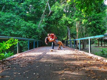 Woman standing on footbridge in forest