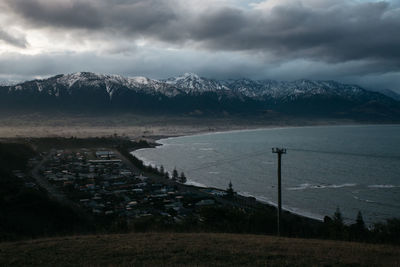 Scenic view of lake by snowcapped mountains against sky