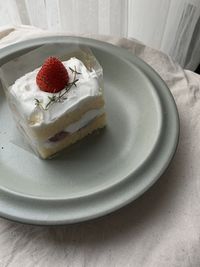 High angle view of cake in plate on table