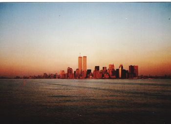 City skyline at sunset