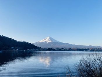 Scenic view of lake against clear blue sky