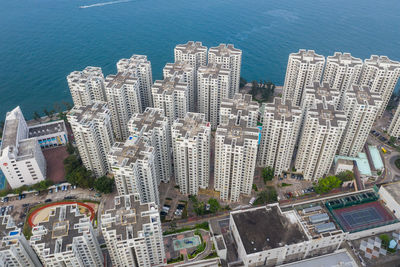 High angle view of buildings in city