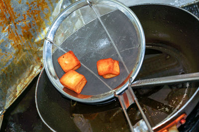 High angle view of meat in container