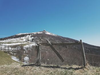 Low angle view of mountain against clear blue sky