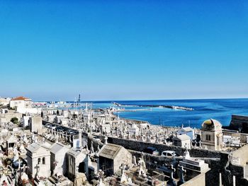 High angle view of cityscape against clear blue sky