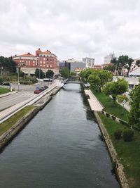 Canal amidst buildings in city against sky