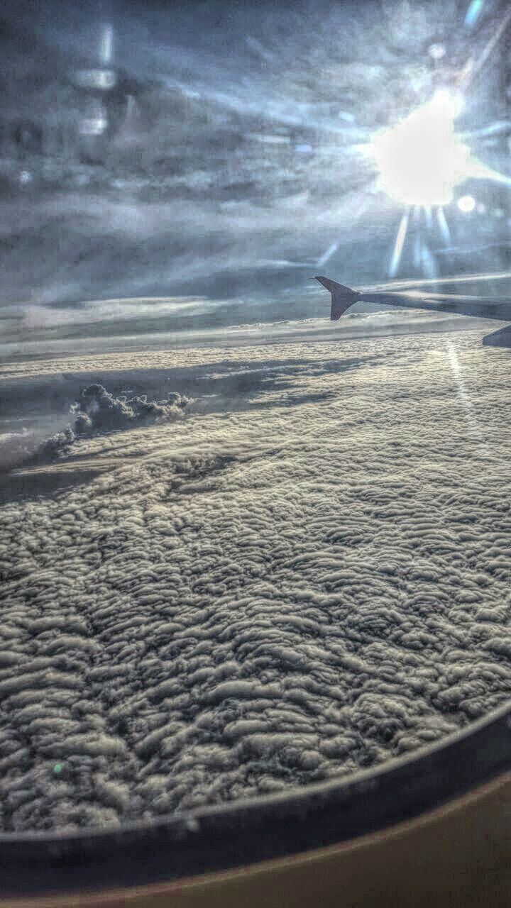 SCENIC VIEW OF SEA AND AIRPLANE WING AGAINST SKY