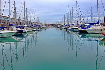 Boats moored at harbor