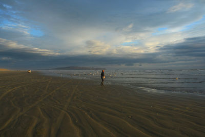 Rear view of woman on beach against sky