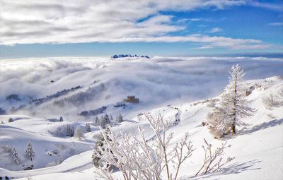 Scenic view of snow covered landscape against sky