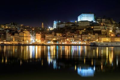 Reflection of illuminated buildings in water at night