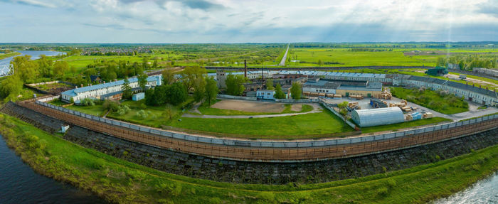 Aerial view of daugavpils prison by the river daugava.