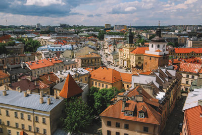 High angle view of townscape against sky