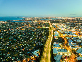 High angle view of light trails on road at night