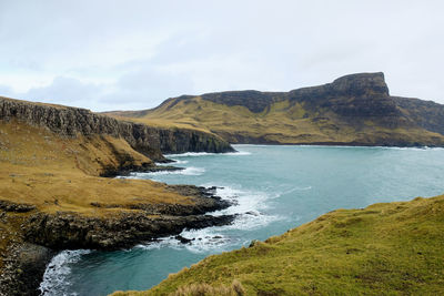 Scenic view of sea and mountains against sky