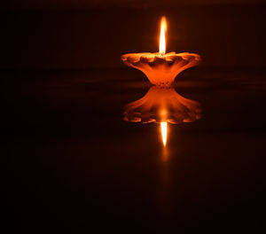 Close-up of lit candle against black background