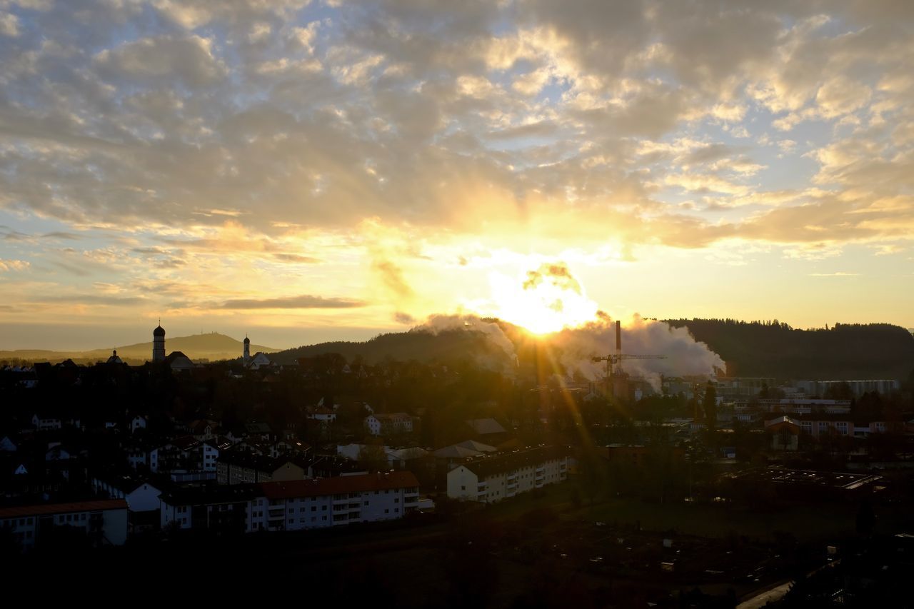 PANORAMIC VIEW OF CITYSCAPE AGAINST SKY DURING SUNSET