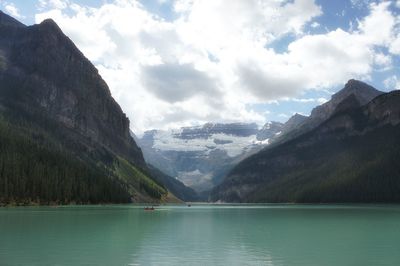 Scenic view of lake and mountains against sky