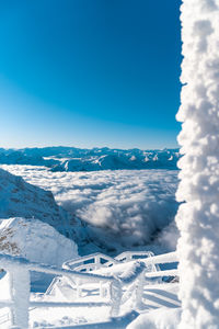 Scenic view of snow covered mountains against clear blue sky