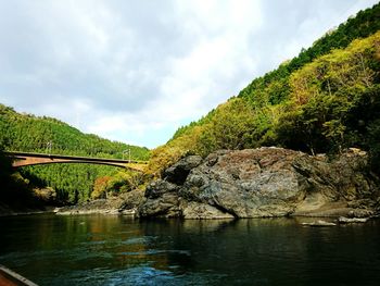 Scenic view of lake by trees against sky