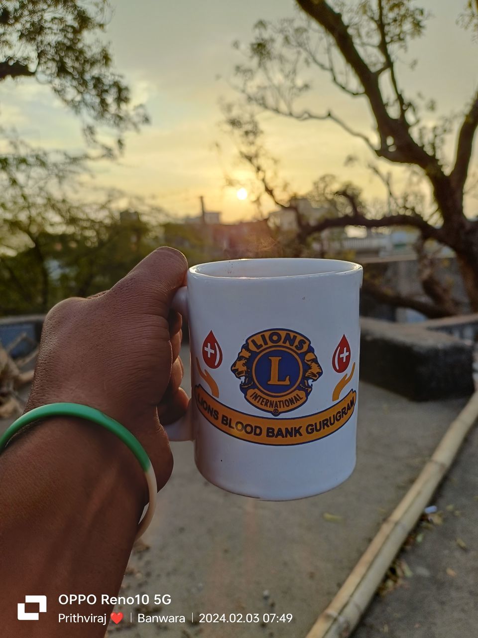 hand, one person, holding, nature, tree, sky, coffee cup, focus on foreground, plant, outdoors, adult, food and drink, communication, text, personal perspective, lifestyles, drink, cup, morning, day