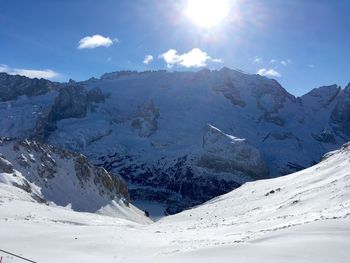 Scenic view of snow covered mountains against sky