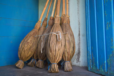 Clothes drying against blue wall
