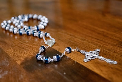 High angle view of objects on table