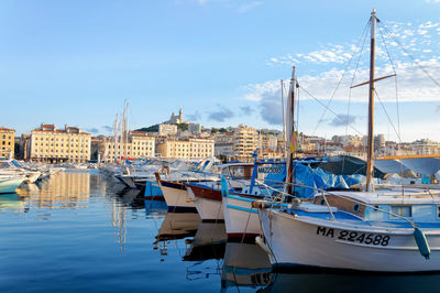 Sailboats moored in harbor against sky