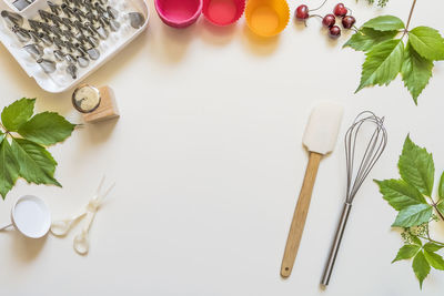 High angle view of leaves on table