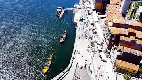 High angle view of people on boat in sea