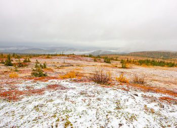 Scenic view of snow covered field against sky