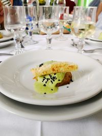 Close-up of food served on table