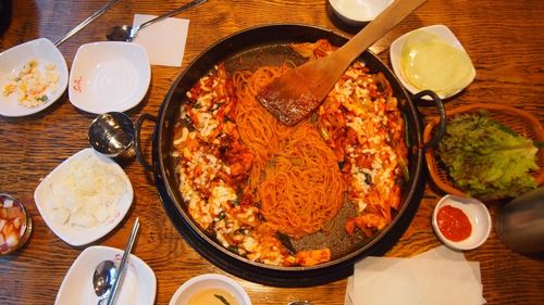 High angle view of food on table