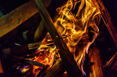 Close-up of burning fire at night