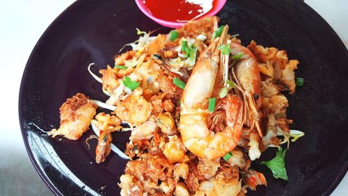 High angle view of meal served on table