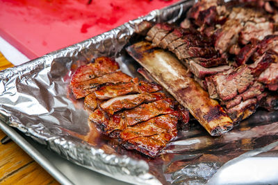 Close-up of beef ribs on table
