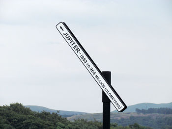 Slanted signboard on mountain against sky