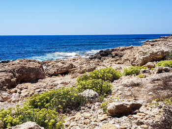 Scenic view of sea against clear blue sky