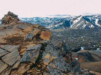 Scenic view of snowcapped mountains against clear sky